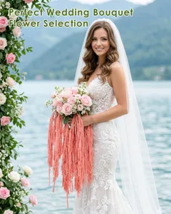 Detailed view of a stunning bridal bouquet featuring pink roses and cascading amaranthus.