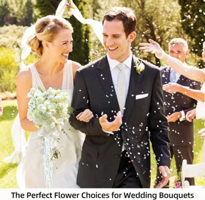 Beautiful wedding bridal bouquet detail with cascading white dried flowers for romantic ceremony.