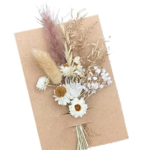 Detailed view of mini dried flower bouquet with kraft card, perfect for wedding decor and gifts.