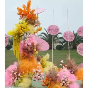 Detailed view of colorful sisal fiber filler and dried flower wedding party decoration material.