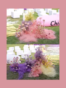 Colorful hemp silk filler and dried flowers for wedding decor and gift box packaging.