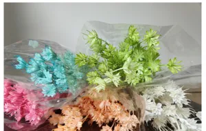 Detailed view of colorful dried star flowers in transparent wrapping, perfect for DIY floral crafts.