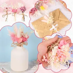 Miniatur Trockenblumen Sträuße in Rosa und Weiß, gebunden mit natürlicher Kordel.