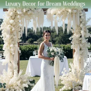 Wedding arch white hanging flowers dried floral arrangement romantic backdrop decor