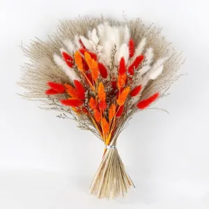 Colorful dried flower bouquet with fluffy bunny tails and reeds for home and wedding decor.