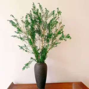 Green dried foliage branches in dark textured vase for home decor, natural botanical style.