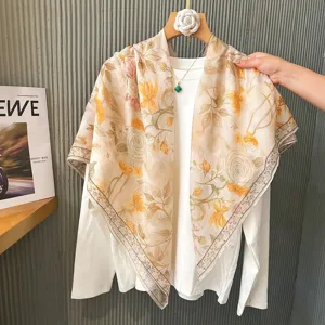 French vintage floral silk cotton large square scarf, 110x110cm lightweight sun protection shawl