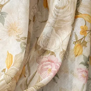 Close up view of the vintage floral print silk cotton scarf fabric, soft lightweight shawl detail.