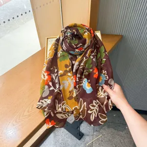 Women vintage floral silk scarf summer travel sun protection long shawl wrap detail.