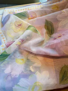 Silk cotton floral square scarf detail, lightweight summer sun protection shawl 110cm