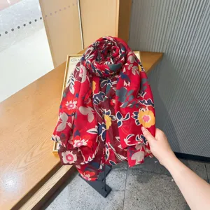 Red floral print women scarf lightweight summer beach shawl vintage sun protection wrap