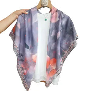 Elegant 110x110cm women's summer floral print scarf vintage style breathable shawl.
