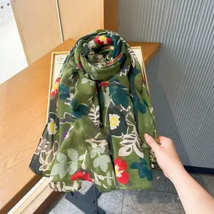 Green floral print summer silk scarf, elegant retro style sun protection beach shawl for women.
