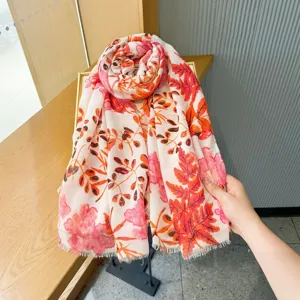 Floral printed women scarf summer lightweight travel shawl retro autumn leaf design soft wrap