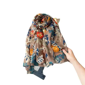 Women vintage floral print scarf summer lightweight breathable sun protection shawl main view