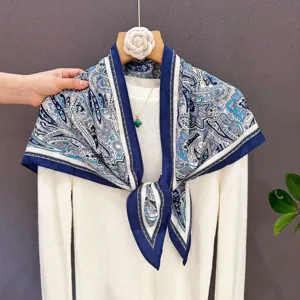 Classic blue and white paisley silk scarf, elegant square neckerchief for women.