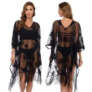 Copricostume mare donna nero pizzo uncinetto trasparente abito bikini estivo sexy