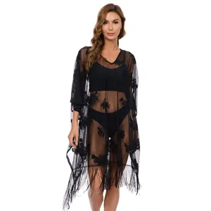 Donna nero pizzo spiaggia copricostume uncinetto trasparente abito estate bikini sole