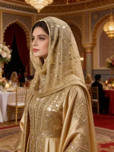 Detailed shot of a luxury golden sequin headscarf worn by a model in an elegant banquet hall setting.