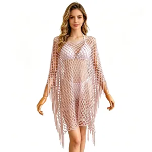 Women pink crochet fringe beach cover-up poncho summer hollow out resort cape top chic