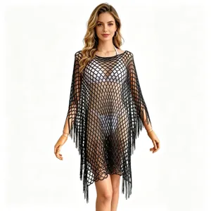 Black crochet beach cover up tassel detail hollow out cape top summer swimwear