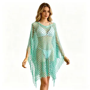 Women crochet beach cover up sheer net tassel poncho summer vacation swimwear blouse