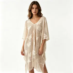 Copricostume da Spiaggia in Pizzo all'Uncinetto da Donna Scollo a V Trapforato Manica Corta Nappe Costum Da Bagno Vestito Estivo