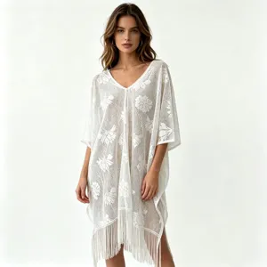 Copricostume da spiaggia in pizzo uncinetto bianco scollo V bikini estivo da donna