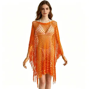 Women Summer Hollow Out Net Tassel Beach Cover Up Cape Casual Loose Vacation Sun Protection Open Front Shawl Top