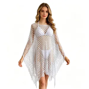 White crochet beach cover-up poncho, hollow out fringe summer vacation swimwear cape top.