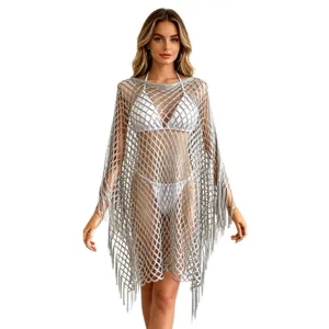 Silver fishnet fringe beach cover-up poncho, stylish women summer hollow vacation cape top.