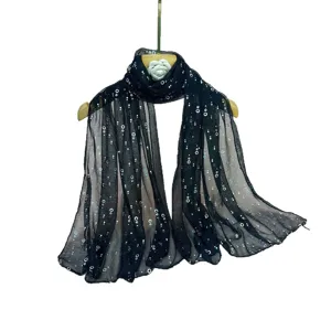 Fashion black sequin mesh scarf for women, elegant sheer headscarf for autumn and spring styling.