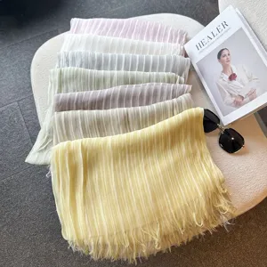 Lightweight pleated tassel scarf shawl detail view, multi-color summer women fashion neck wrap.