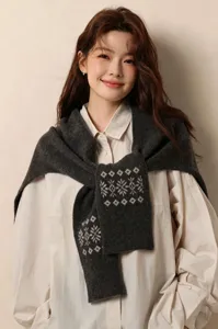 Cozy dark grey wool knit shawl scarf with retro snowflake pattern for women autumn winter.