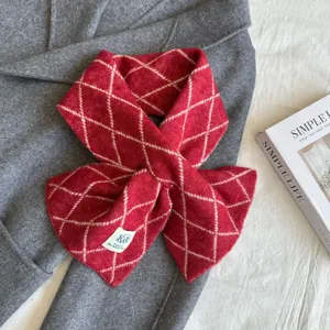 Red diamond knit cross scarf for women, warm winter thick woolen crisscross neck warmer.
