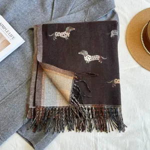Winter women's warm faux cashmere scarf with cute dachshund jacquard pattern and chic tassels.