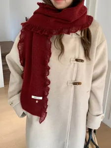 Knitted lace edge winter scarf in dark red, cozy thickened neck warmer with cute vintage tag.