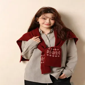 Korean style vintage knitted jacquard shawl scarf for women, warm winter layered accessory.