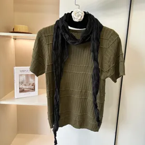 Autumn retro green knit top with black scarf set, stylish literary women clothing apparel.
