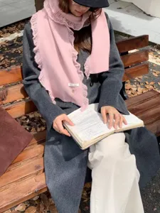 Sweet pink knitted scarf with delicate lace ruffles for women, cozy winter neck warmer.