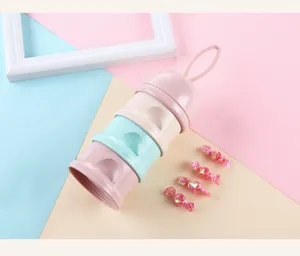 Detalle del dispensador de leche en polvo para bebes, recipiente multicapa para snack.