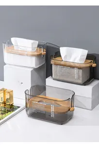 Nordic minimalist lifting tissue box clear plastic napkin container with natural wood lid