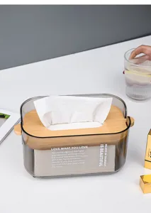 Nordic transparent lifting tissue box with bamboo wooden lid for living room desktop decor.