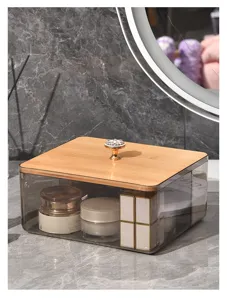 Acrylic and wood makeup storage box with lid, desktop cosmetic organizer for vanity.