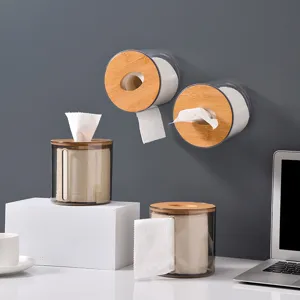 Transparent Plastic Round Tissue Box With Bamboo Lid Minimalist Desktop Roll Paper Storage Container For Home Living Room Bathroom