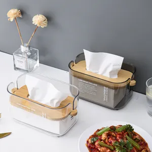 Nordic transparent tissue box with wooden lid, modern lifting napkin storage container for home.