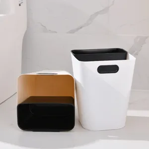 Slim bathroom trash can with press ring, dual layer plastic waste basket for kitchen and home.