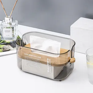 Nordic transparent plastic tissue box with wooden elevating lid for indoor home decor