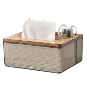 Wooden lid desktop tissue box and multi-functional storage organizer for home living room.