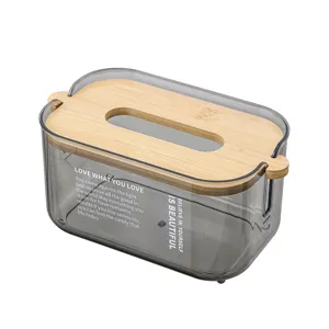 Nordic style minimalist tissue box with bamboo lid clear plastic napkin holder for home decor